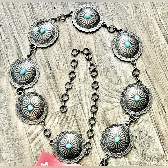 Montana West Accessories - Montana West Linked Concho Chain Belt, antique silver tone,faux turquoise stones